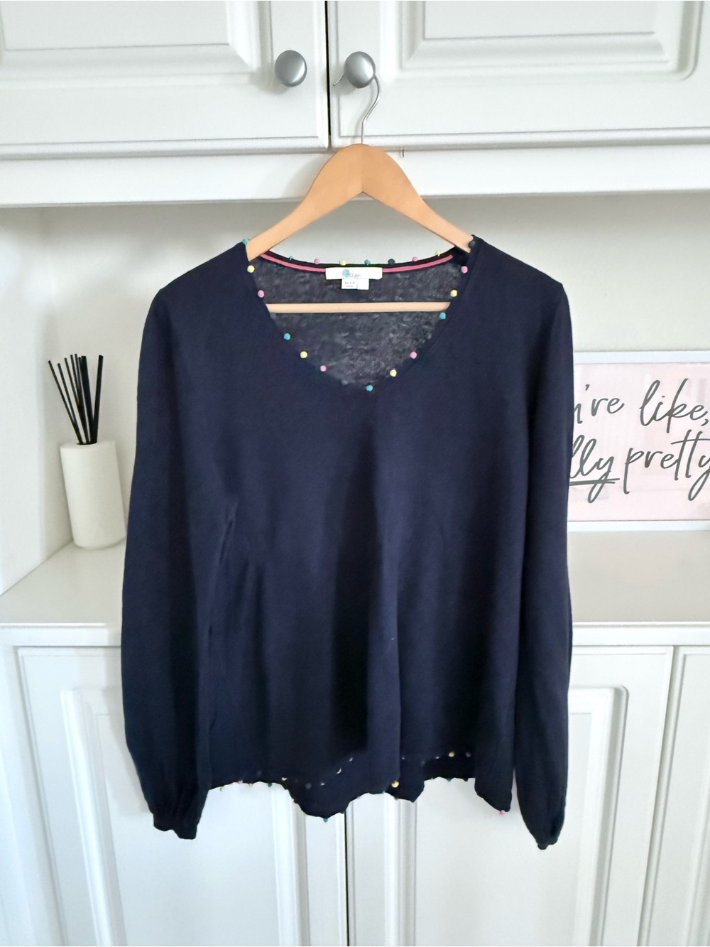 Boden Navy V-Neck Sweater with Multicolor Dot Trim